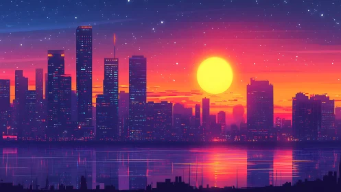 Neon city skyline glows under vivid cyberpunk sunset