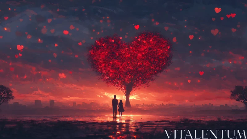 Two figures stand beneath heart-shaped tree against fiery sunset silhouette