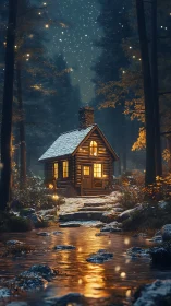 Cozy forest cabin glowing beside a gently sparkling stream.
