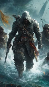 Hooded armored warrior strides through stormy ocean surf.