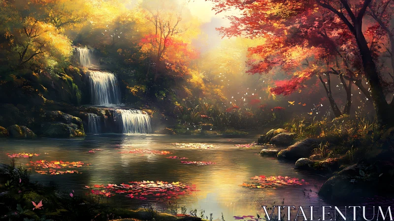 Autumn forest waterfall over pond with drifting red leaves.