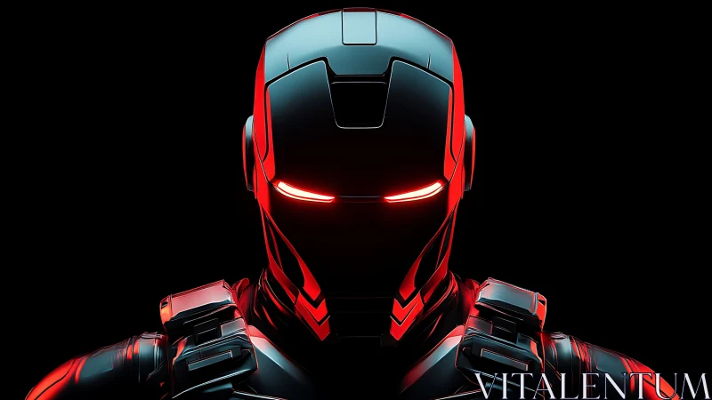 Midnight combat exosuit crowned in neon crimson silence.