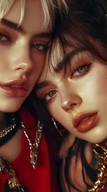 Two glamorous women pose in tight closeup beauty portrait