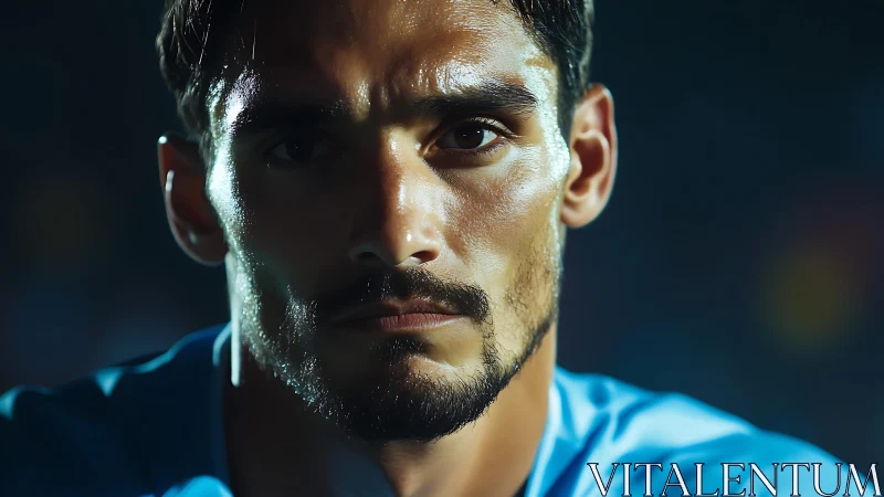 Focused male athlete portrait under stadium lights.