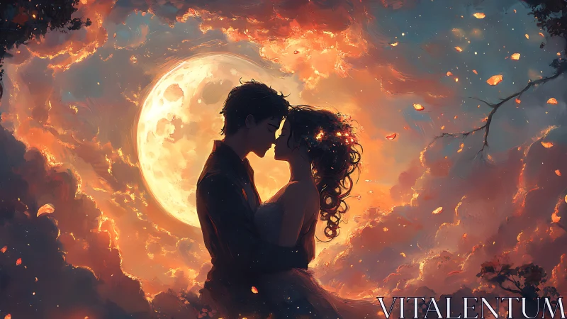 Two silhouetted figures kiss before massive burning moon
