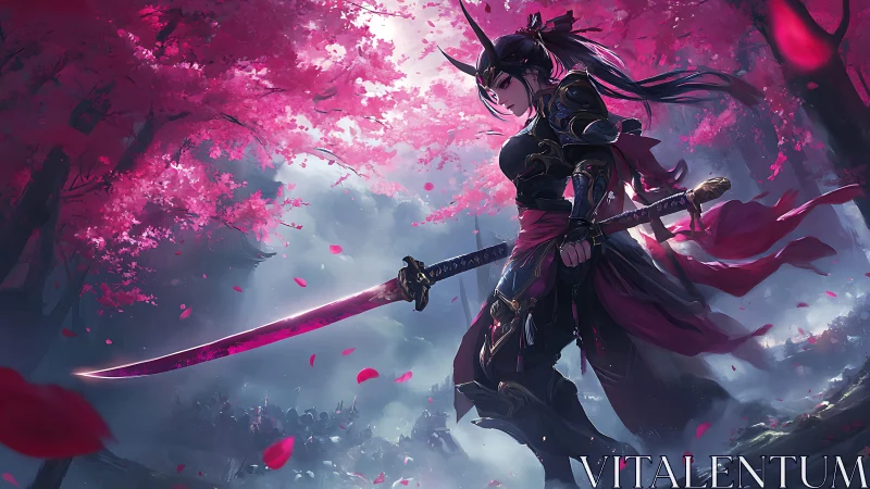 Armored katana warrior under luminous sakura canopy in battle