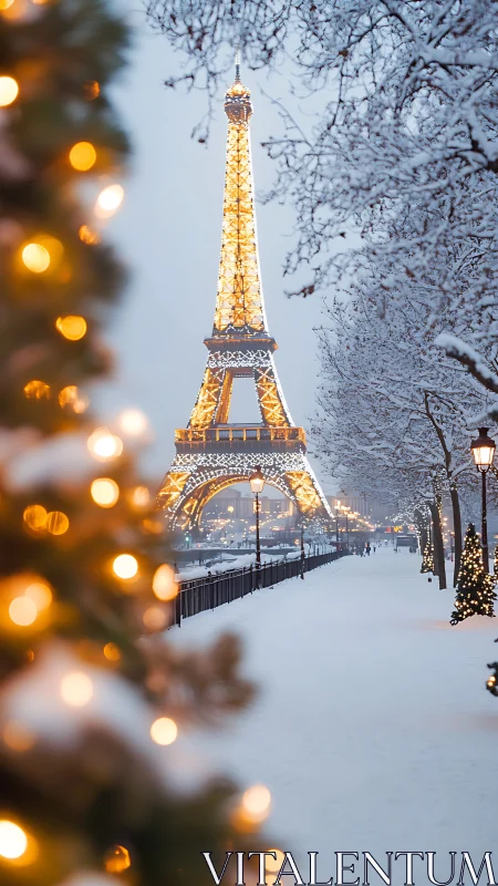 Eiffel Tower illuminated in snowy Paris winter evening scene.