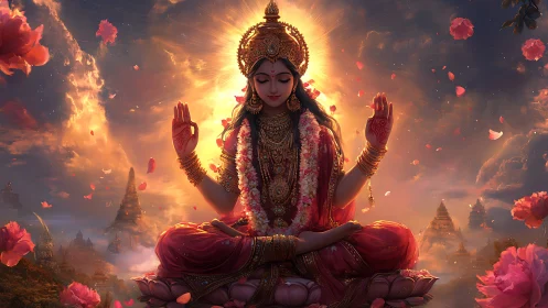 Radiant goddess meditates in celestial rose-lit heavens