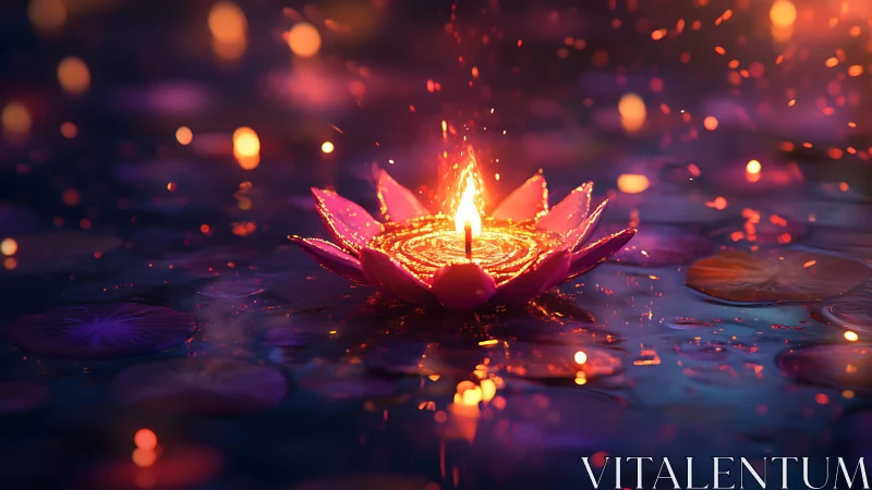 Lotus-shaped ember lantern drifts softly through twilight water