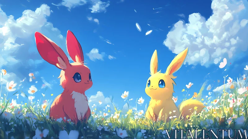 Sunny meadow companions sharing a bright blue sky moment.