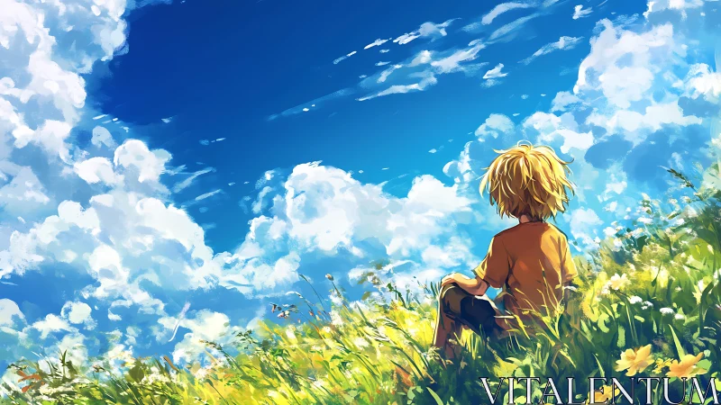 Solitary child in sunlit wildflower meadow under cumulus sky