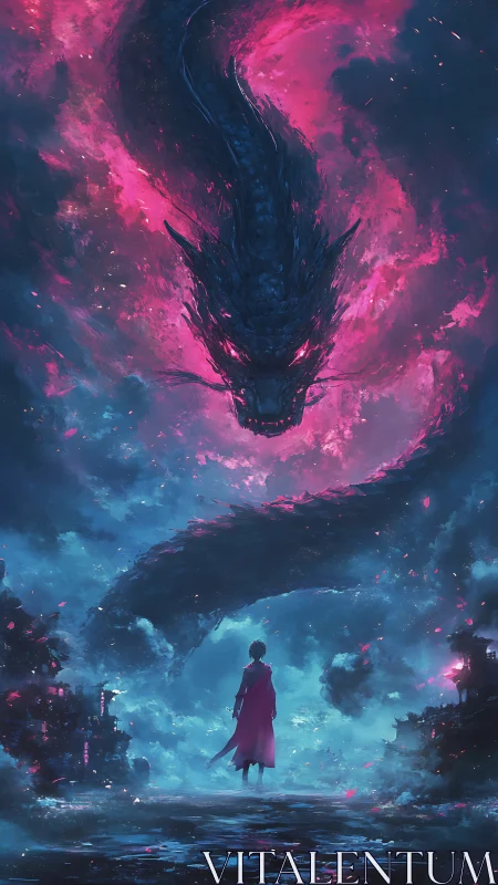 Sky-borne dragon coils above a lone red-cloaked dreamer