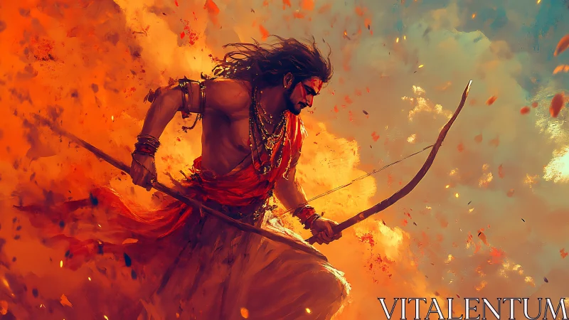 Blazing warrior archer strides through storm of sacred fire.