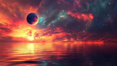 Celestial eclipse above flame colored ocean horizon at dusk.
