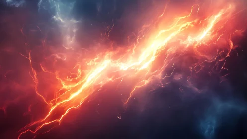 Fiery Lightning Bolt Splitting Stormy Night Sky, Digital Art.