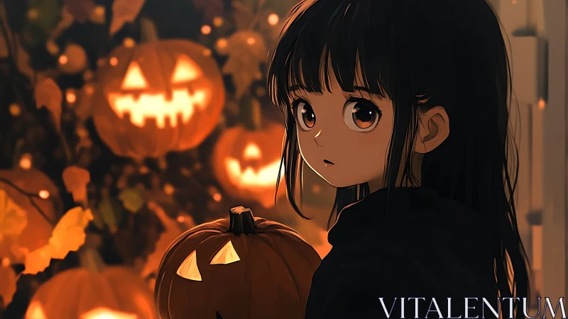 Quiet moon-eyed girl trades glances with glowing pumpkins