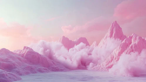 Pink fantasy mountains with clouds in a pastel sky.