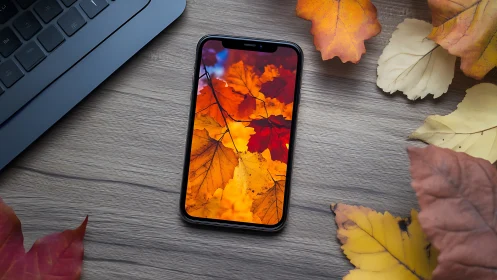 Autumn Workspace: Smartphone Displays Vibrant Fall Foliage Scene.