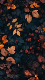 Autumn foliage pattern in dark teal and burnt orange tones.