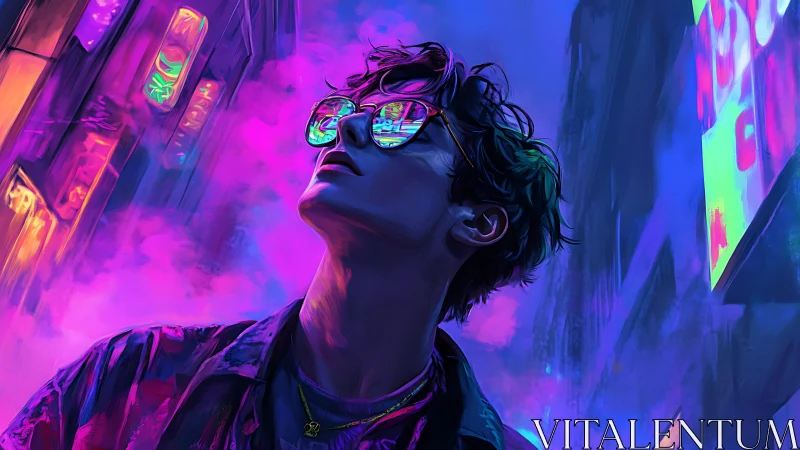 Neon lit portrait of youth in reflective city glasses.
