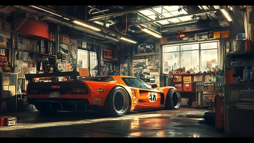 Orange race car parked in cluttered urban tuning garage.