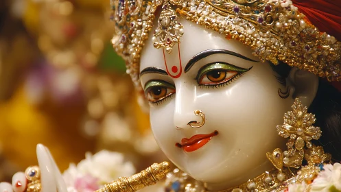 Close portrait captures ornate Hindu deity statue face