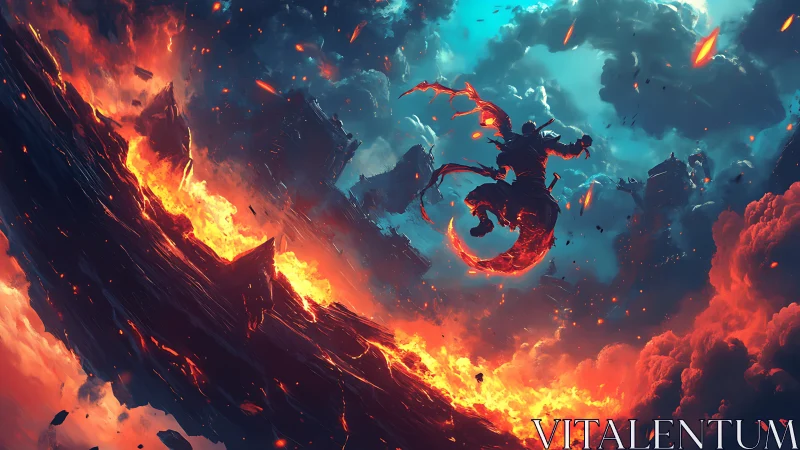 Warrior leaping above burning chasm in apocalyptic sky.