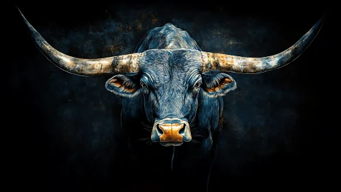 Bronze horned titan stares through midnight sparks and shadow