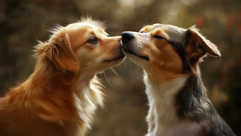 Two affectionate dogs share a gentle nose-to-nose moment.