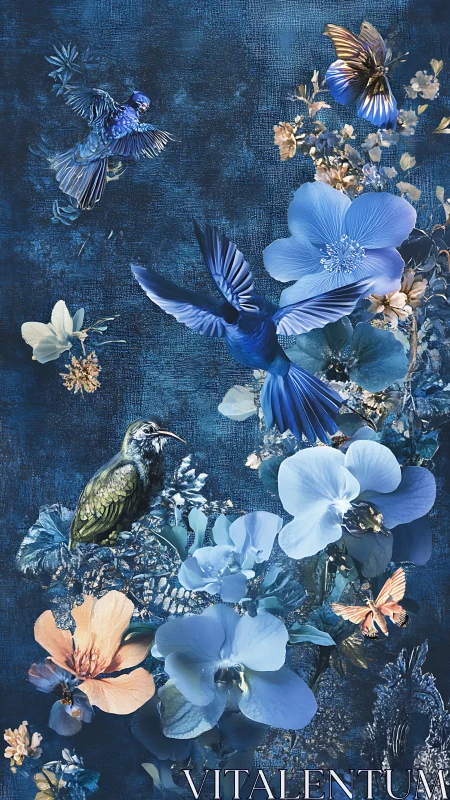 Blue Floral Composition with Birds and Butterflies