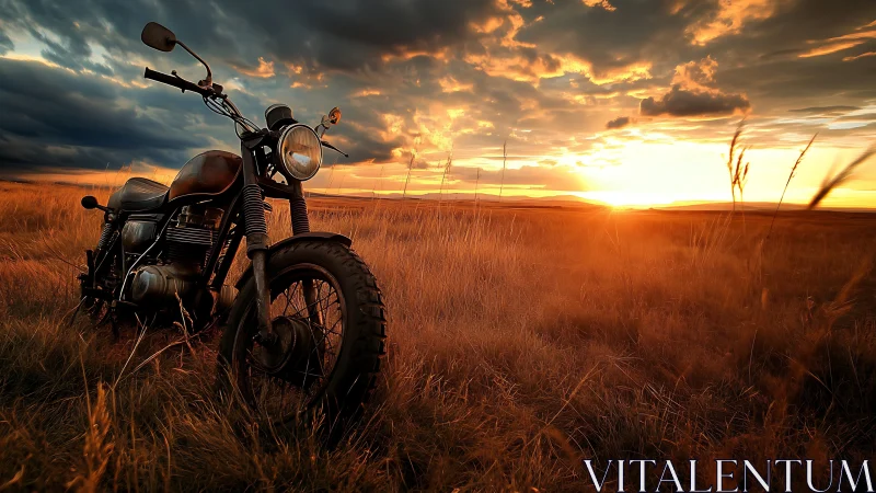 Motorcycle in dry grassland under low sun and clouded sky.