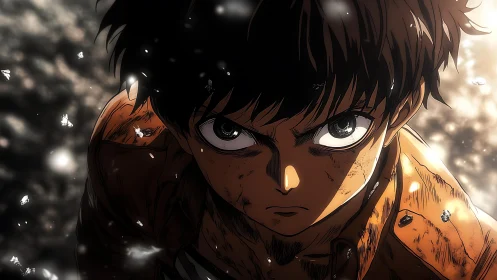 Fierce anime hero standing strong in the storm of light.