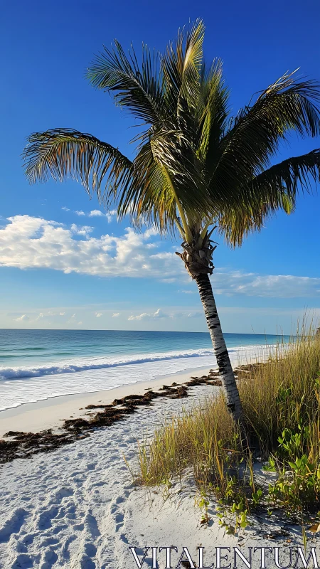 Palm tree on quiet sandy shoreline under clear sky.