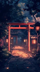 Twilight shrine pathway with lantern-lit torii composition.