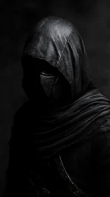 Hooded assassin stands in shadowy darkness, shrouded in fear