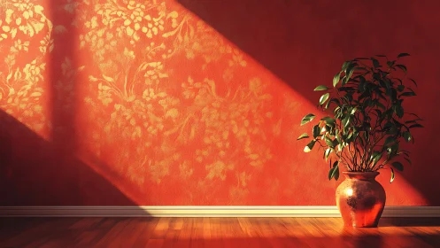 Sunlit potted plant against a softly glowing orange wall.