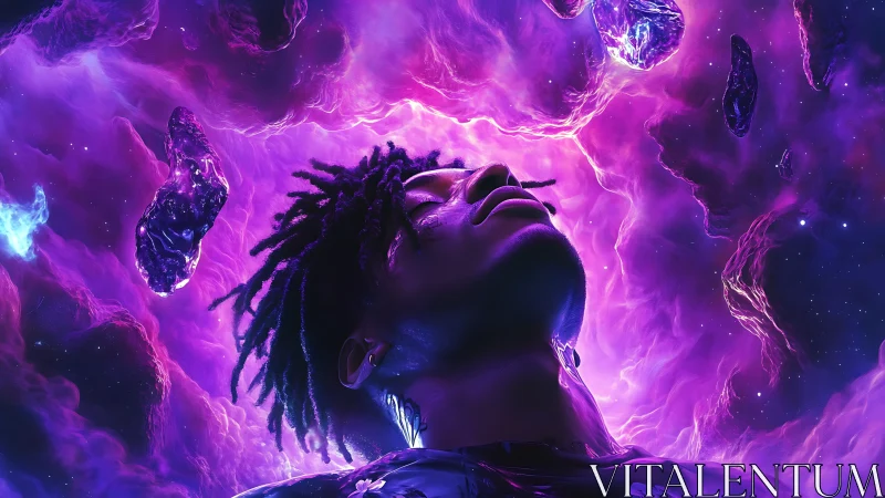 Cosmic portrait of illuminated man inside violet nebula field.