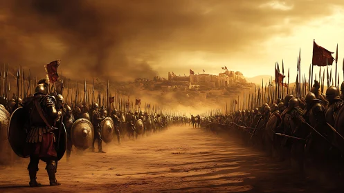 Medieval armored legions facing off before fortified citadel.