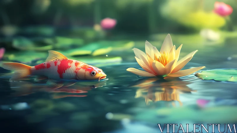 Koi fish and yellow water lily rendered in soft-focus 3D