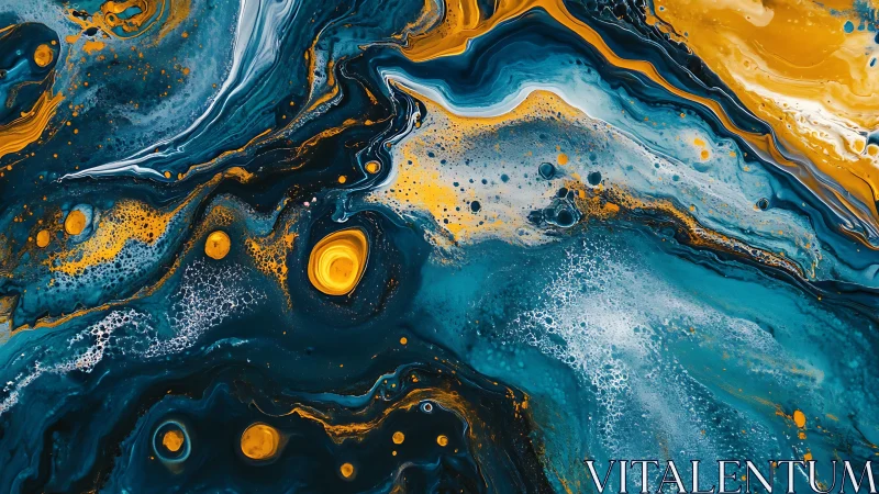 Swirling teal and gold waves create a dreamy abstract journey