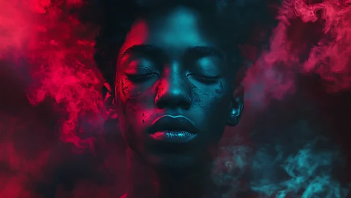 Dreamlit portrait in neon clouds of red and cyan calm.