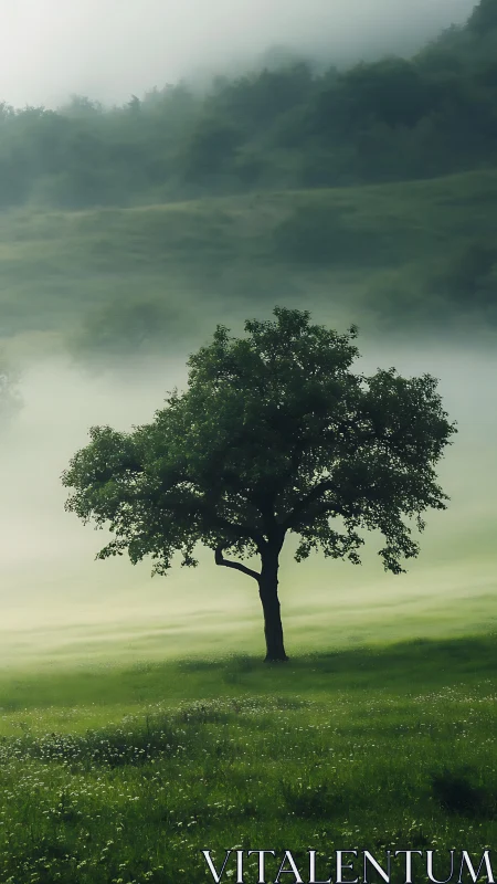Solitary hillside tree converses softly with drifting morning mist