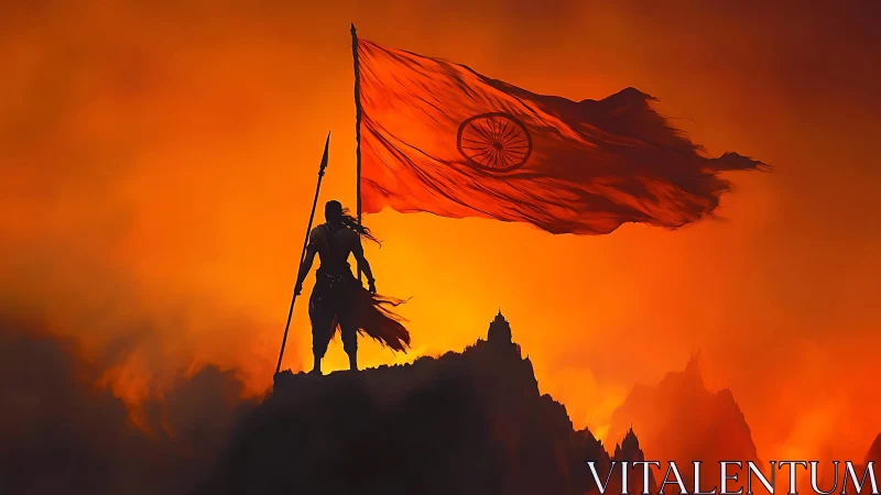 Digital painting of warrior silhouette with blazing banner on peak.