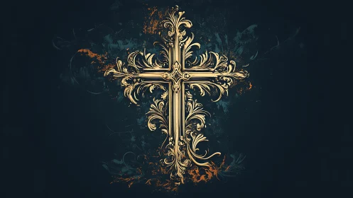 Ornate golden cross on dark textured abstract background.
