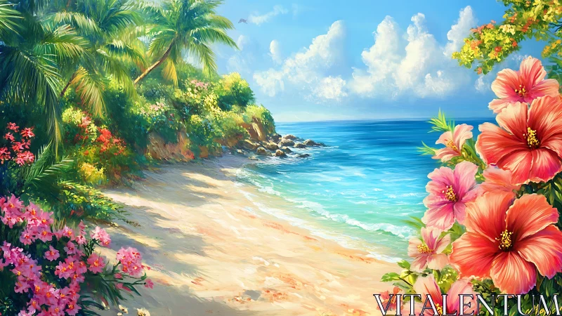 Tropical Beach with Vibrant Flowers and Ocean View