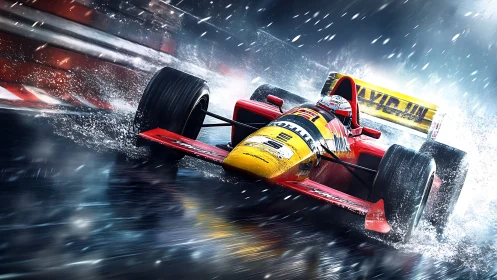 Rain-slashed Formula racer knifes through liquid lightning.