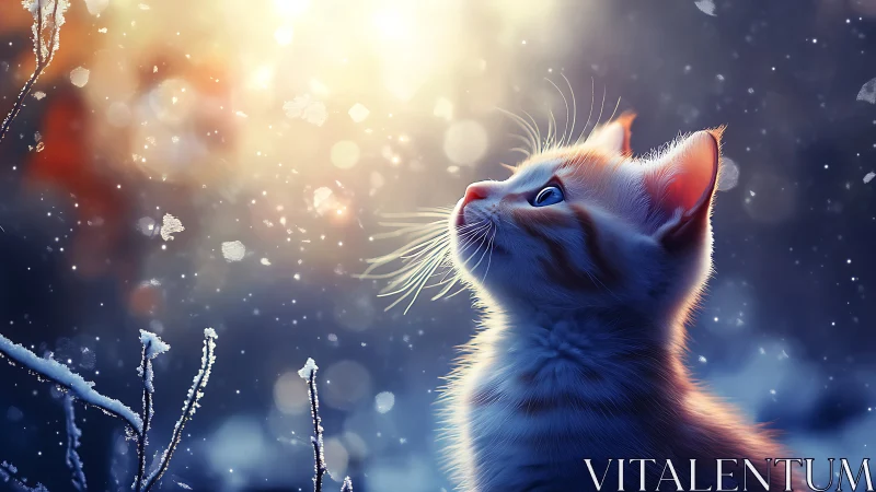 Celestial Kitten Gazes Upward Through Crystalline Snow
