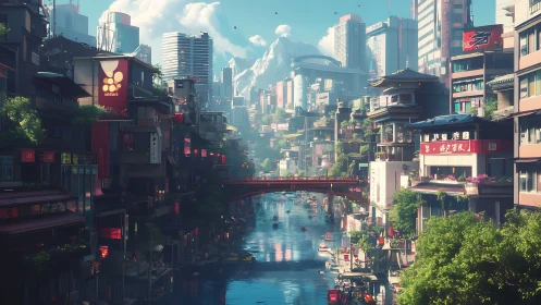 Futuristic canal city basks in warm sunlight and neon glow