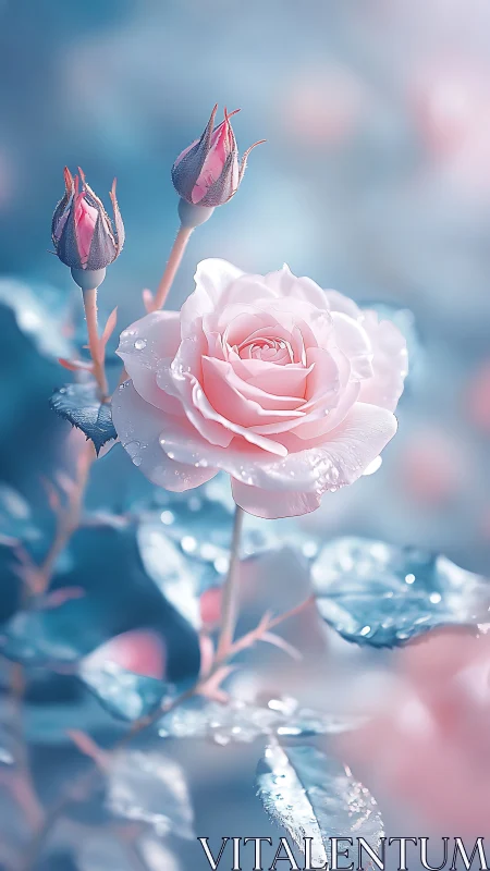 Macro closeup of pastel pink rose with dewdrops and buds