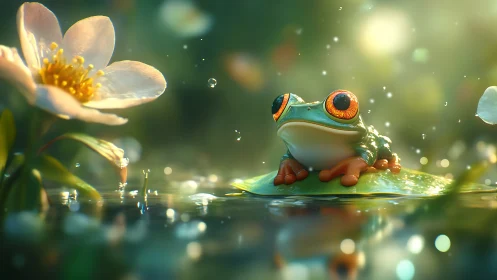 Colorful frog on leaf in glowing pond with white flower.